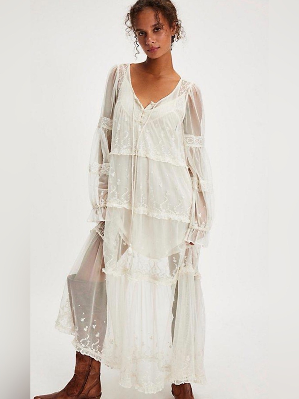 Free People Stevie Embroidered Sheer Mesh Maxi Dress Size Small Ivory